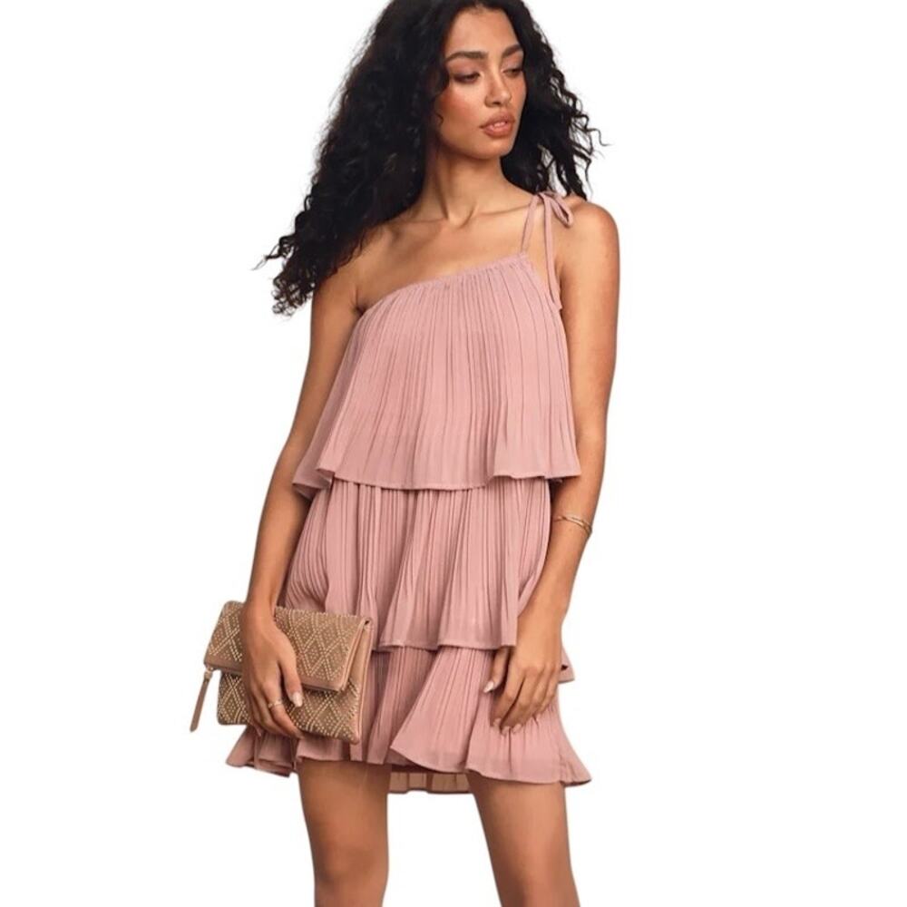 Lulus Blowing Kisses Pleated One Shoulder Mini Dress in Dusty Pink Size Small